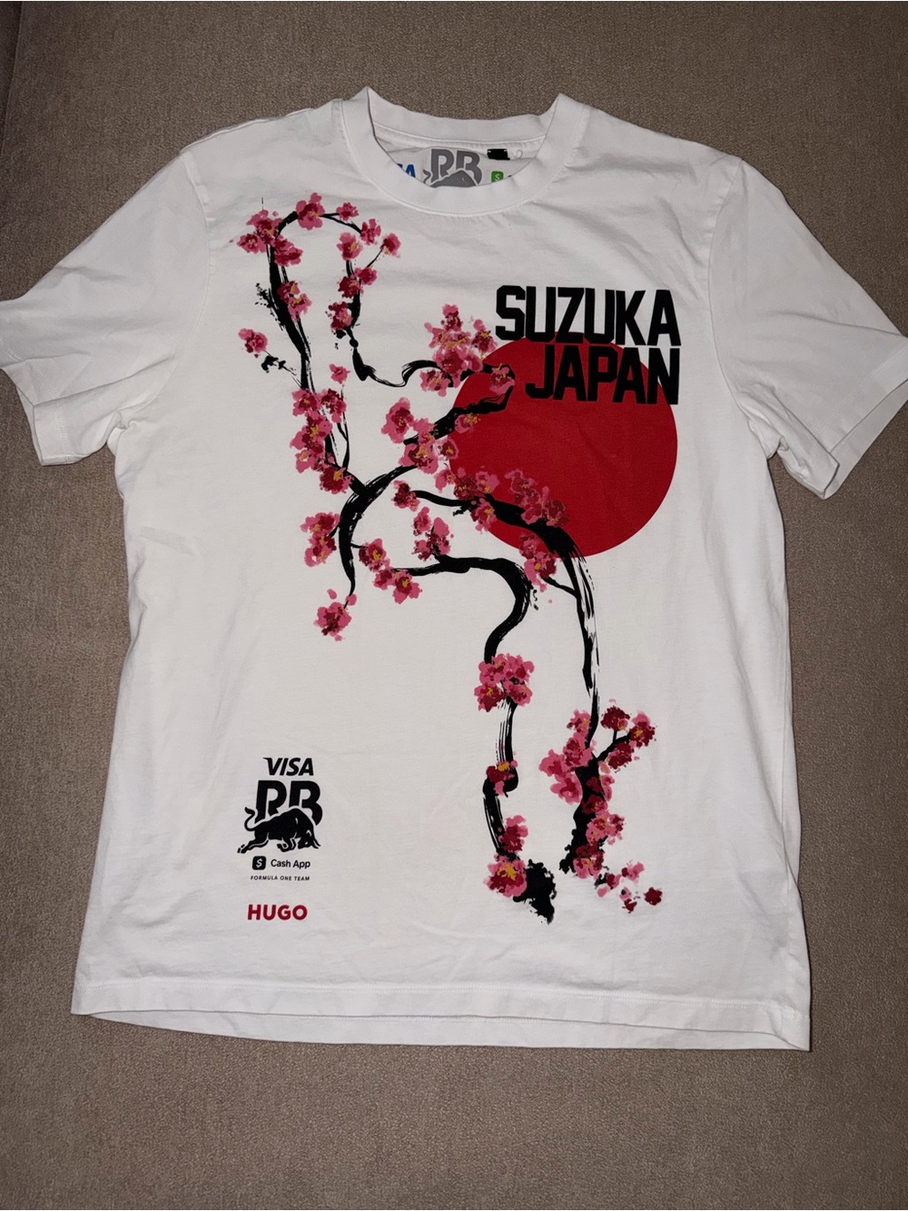 HUGO White Graphic 'Suzuka Japan' Tee with Red Sun and Pink Blossoms size L